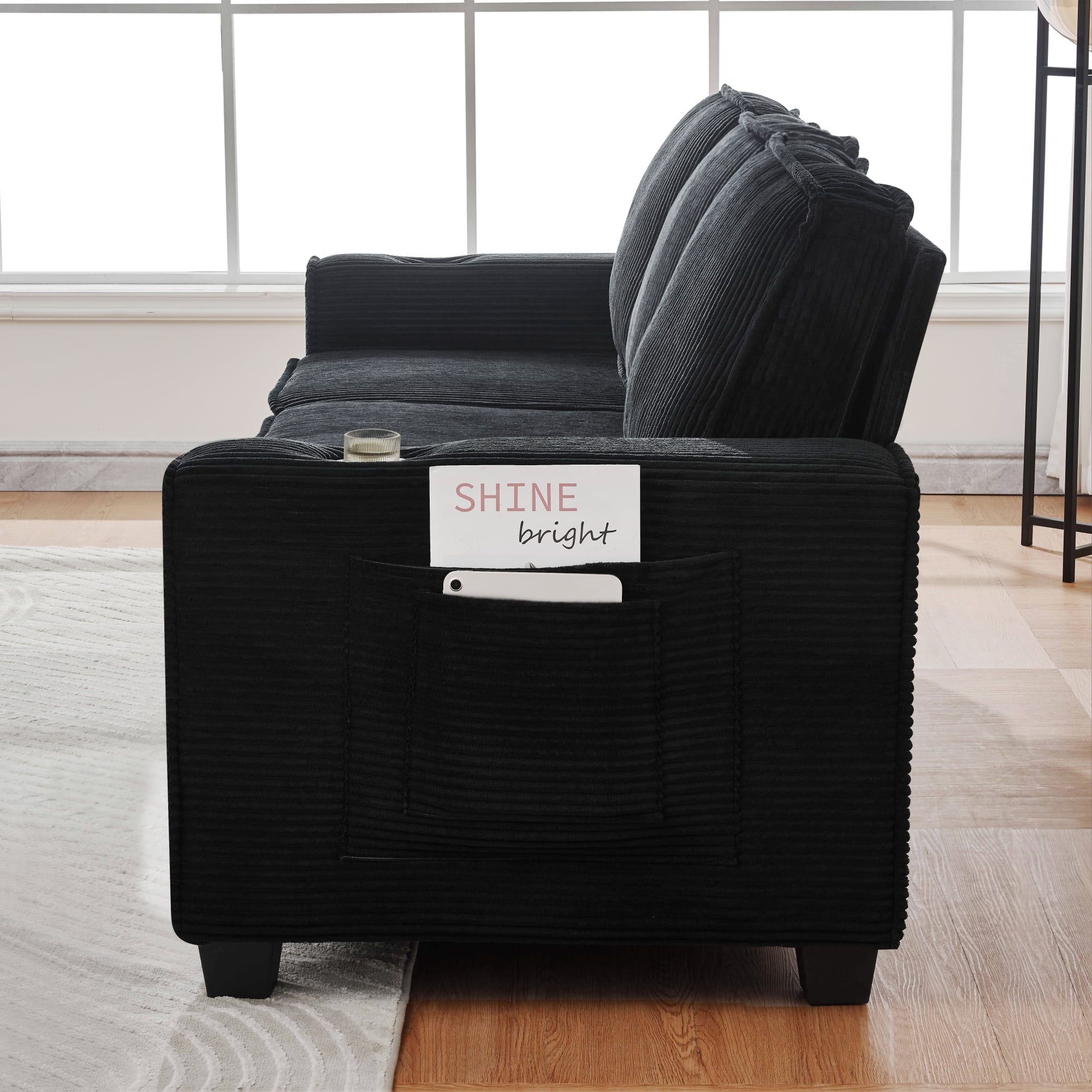 Leumius 84'' Sofa Couch with Cupholders,3 Seater Sofa Couch with Armrests,Comfy Couches for Living Room, Bedroom, Apartment and Office,Black
