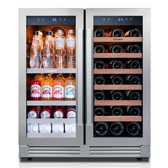 Ca'Lefort 30 inch Wine Beverage Refrigerator, Hold 80 Cans and 33 Bottles Dual Zone Wine Fridge with Stainless Steel French Door for Home