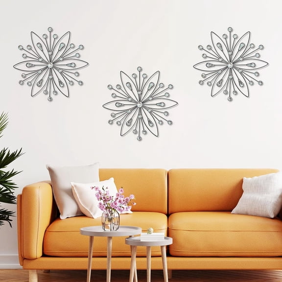 UGUCYUI-3 Set Black Metal Jeweled Wall Art Bling Crystal Home Décor Sun Burst Rhinestone Wall Hanging Diamond Accents