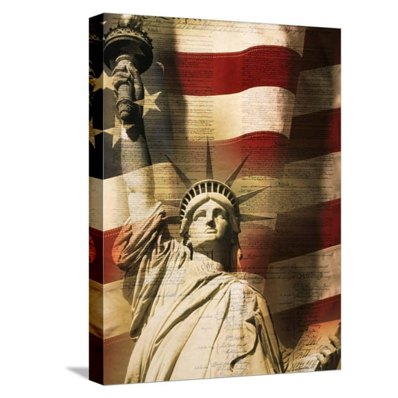 Art.com Statue of Liberty and American Flag Stretched Canvas Print Wall Art by Joseph Sohm, 12" x 16"