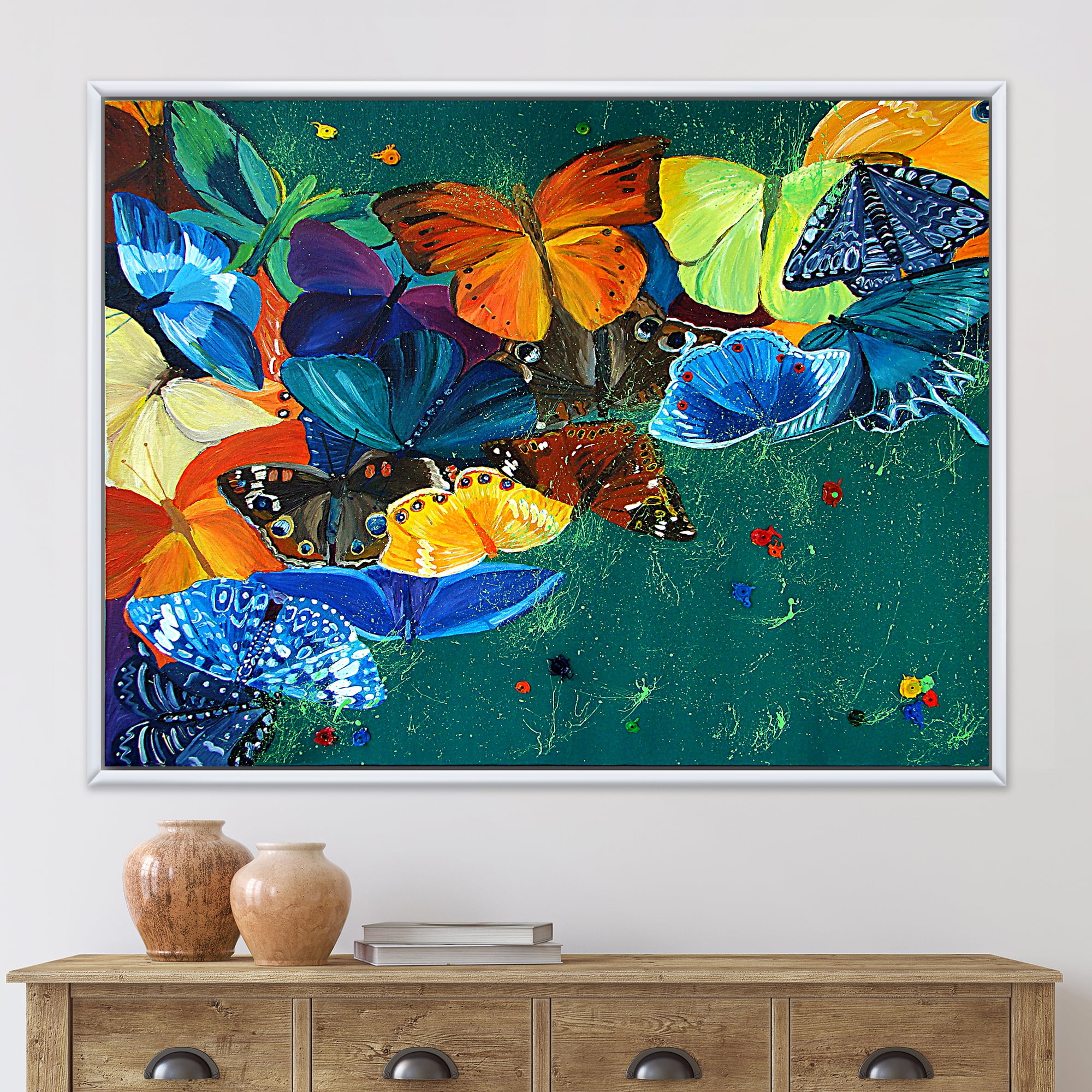 Designart 'Abstract Colour Butterflies On A Gree' Modern Framed Canvas Wall Art Print