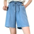 thumbnail image 2 of REALiKUN Wide Leg Jean Shorts Women's High Waist Knee Length Denim Shorts Drawstring Bermuda Shorts Casual Stretchy Jeans, 2 of 2
