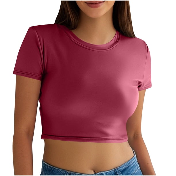 Mujeres Manga Corta Tops Casual Nuevo Cuello Redondo Imitación Cuero de Manga Corta Top, 95% Poliéster 5% Camiseta de Spandex, Lavado a Mano Hogar Desgaste
