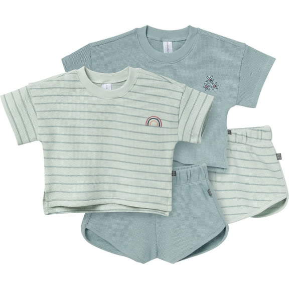 Modern Moments by Gerber Toddler Girl Oversized Dropshoulder Box Tops and Shorts, 4-Piece Outfit Set, Sizes 12 Months - 5T