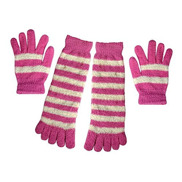 Peach Couture Winter Warm Striped Fuzzy Toe Socks and Gloves Pack (Hot  Pink) 