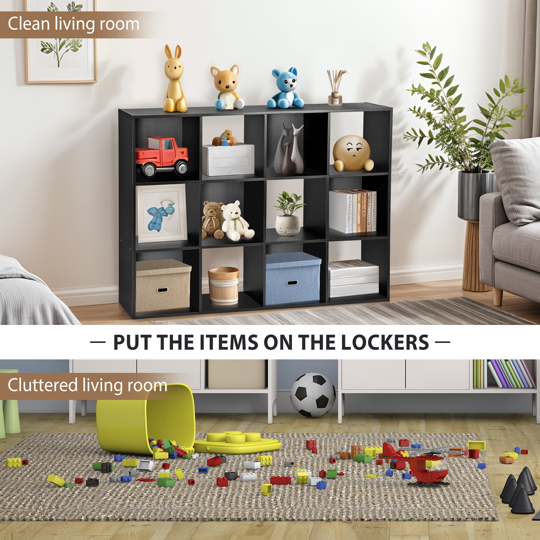 SuperDeal 12 Cube Storage Organizer Wooden Bookshelf Display W/Removable Back Panels Black
