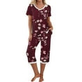 thumbnail image 3 of QATAINLAV Women's Floral Print Summer Pajama Sets Loose V Neck Short Sleeve Sleepwear Tops and Capris Cotton 2 Piece Vacation Outfits, Wine, M, 3 of 10