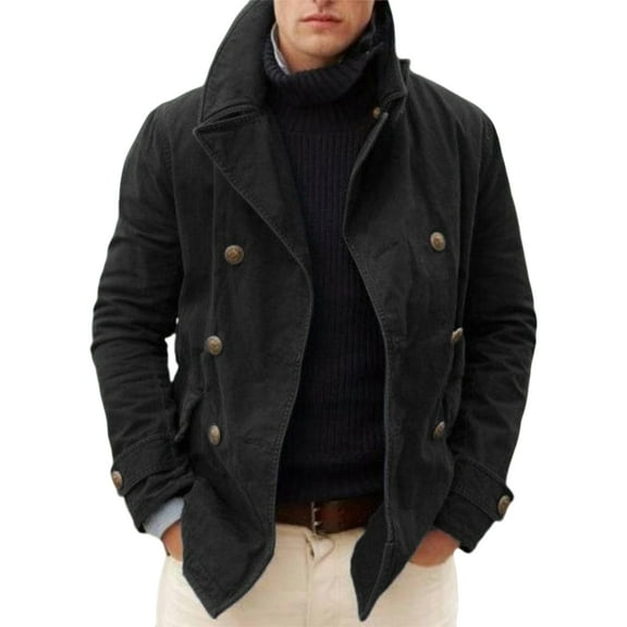 Mens British Trench Coat Vintage Windproof Notch Lapel Peacoat Double Breasted Jacket Coats For Men in Classic Design for Formal and Casual Occasions All Season,Black,L