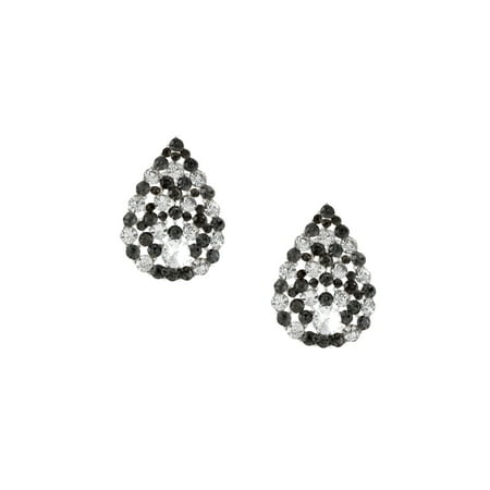 Pave Diamond Drop - Silver Black Diamond Rhinestone Pave Pear Teardrop Shaped Stud Earrings