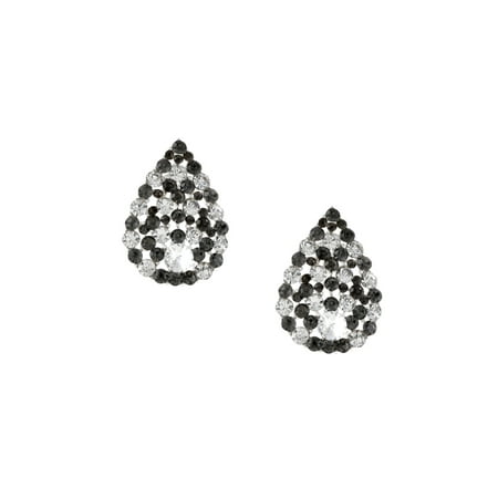 Silver Black Diamond Rhinestone Pave Pear Teardrop Shaped Stud