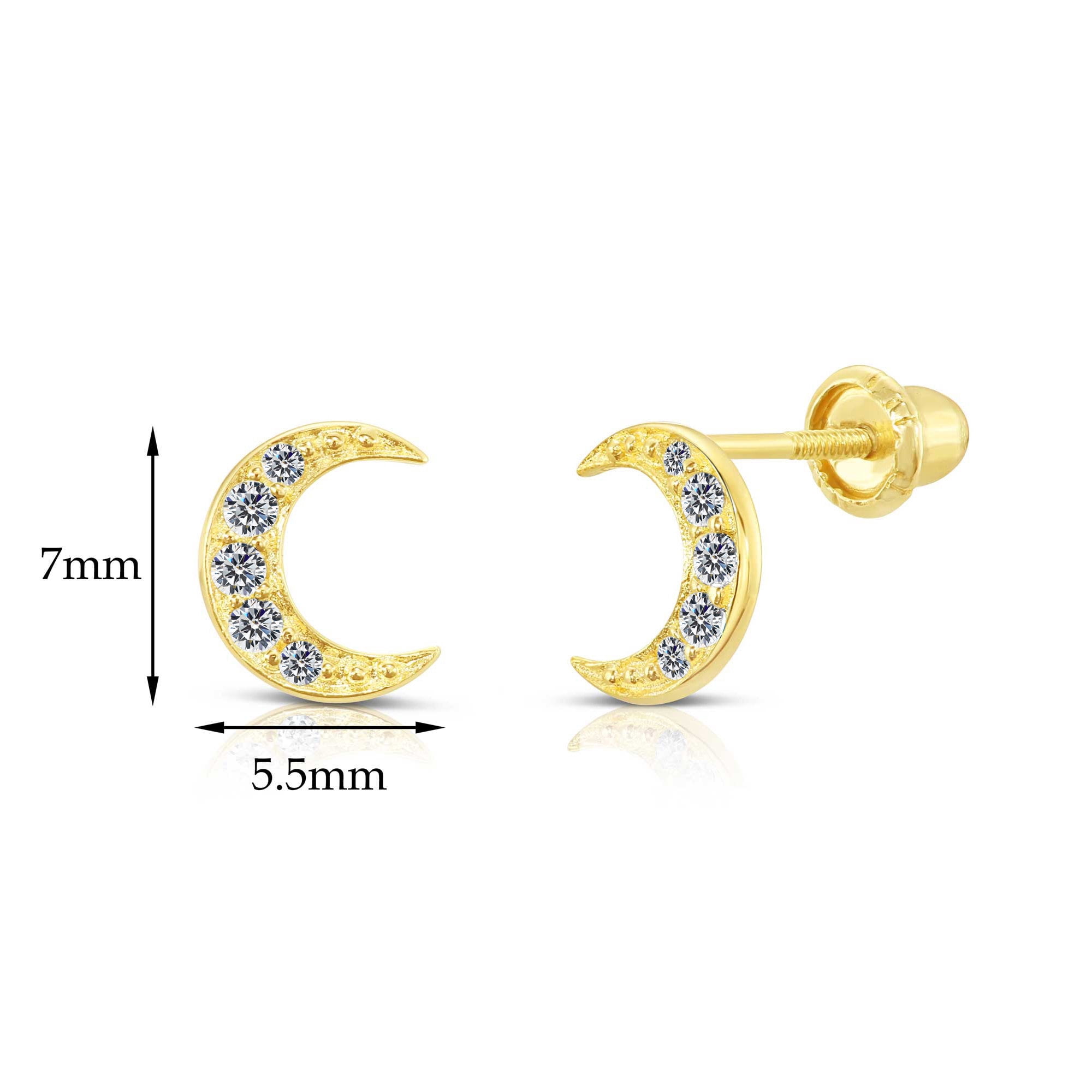 Tilo Jewelry 10K Yellow Gold Small Moon Crescent CZ Stud Post Earrings with Secure Screw-Backs | Everyday Dainty Small Earrings for Women & Unisex