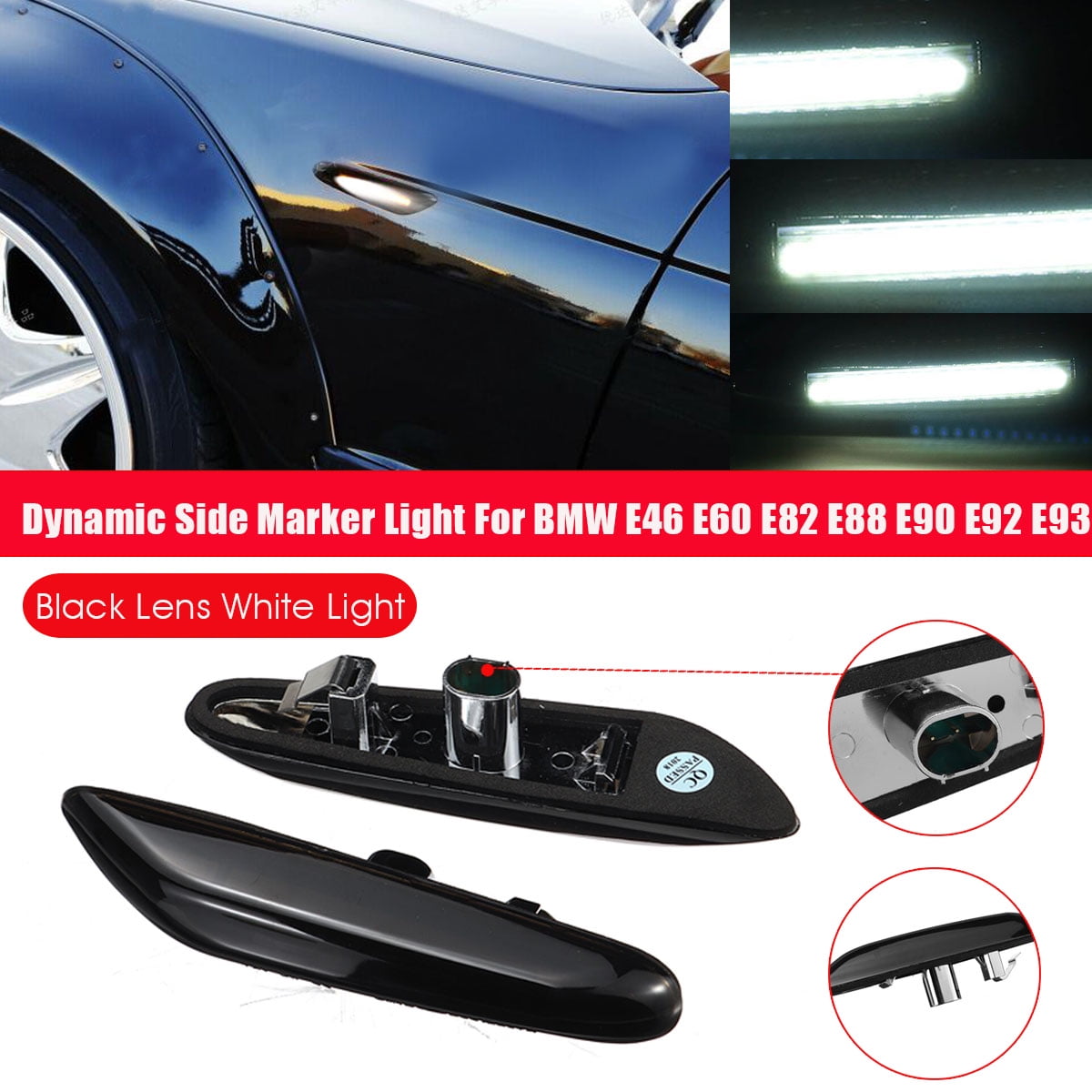 Black Pair Dynamic Side Marker Indicator Lights for B-MW E46 E60 E82 E88 E90 E92 E93