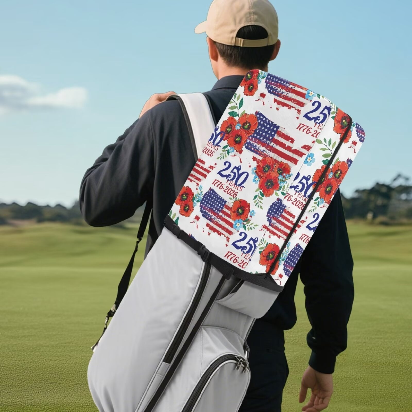 Yuyamidu 250 Years America Golf Bag Hood Cover Waterproof Rain and Dust Covers with Zipper Hibiscus Easy Access and Storage Golf Bag Top Cover