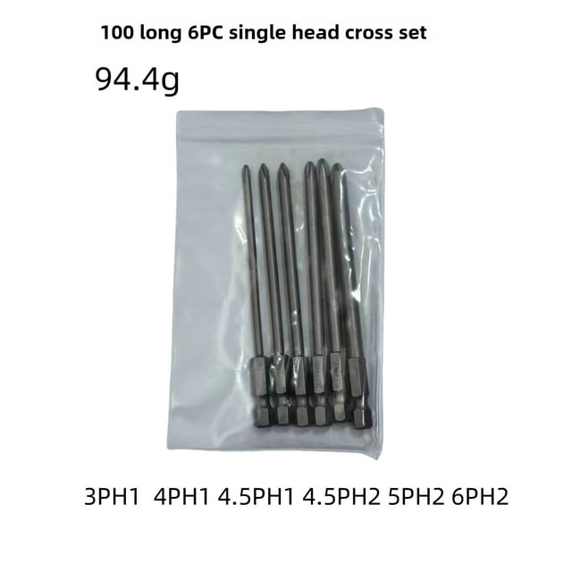 Magnetic Cross Head Screwdriver Bits Set - S2 Steel Single Head 1/4 Inch Hex Shank, 100mm Length (6 Pieces, 94g) - Compatible with Electric Tools, Versatile Angle Adjustment for Professional & DIY