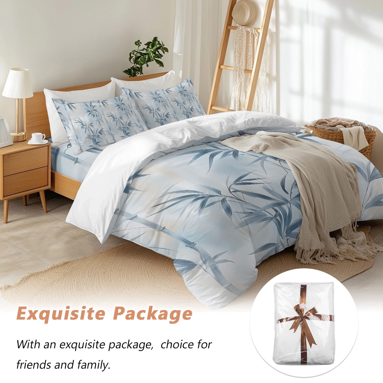 Bamboos Leaf Queen Duvet Cover Set, Abstract Blue Leaves Branches Watercolor 4 Piece Microfiber Bedding Set with Zipper Closure, Bed Sheet and 2 Pillow Shams, Soft Bedding Cover