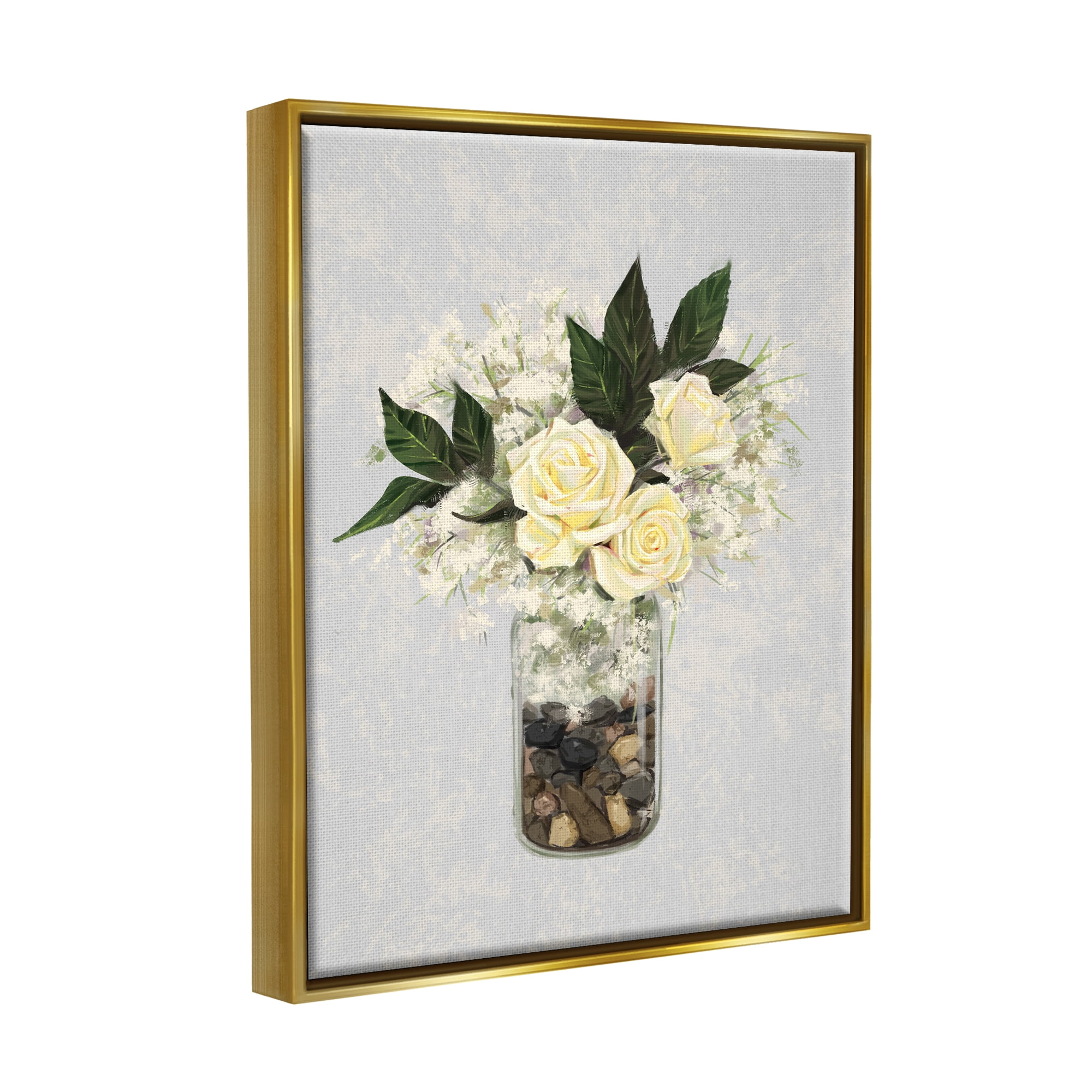 Stupell Industries Yellow Rose Flower Bouquet Decorated Rocks Vase Graphic Art Metallic Gold Floating Framed Canvas Print Wall Art, Design by Ziwei Li