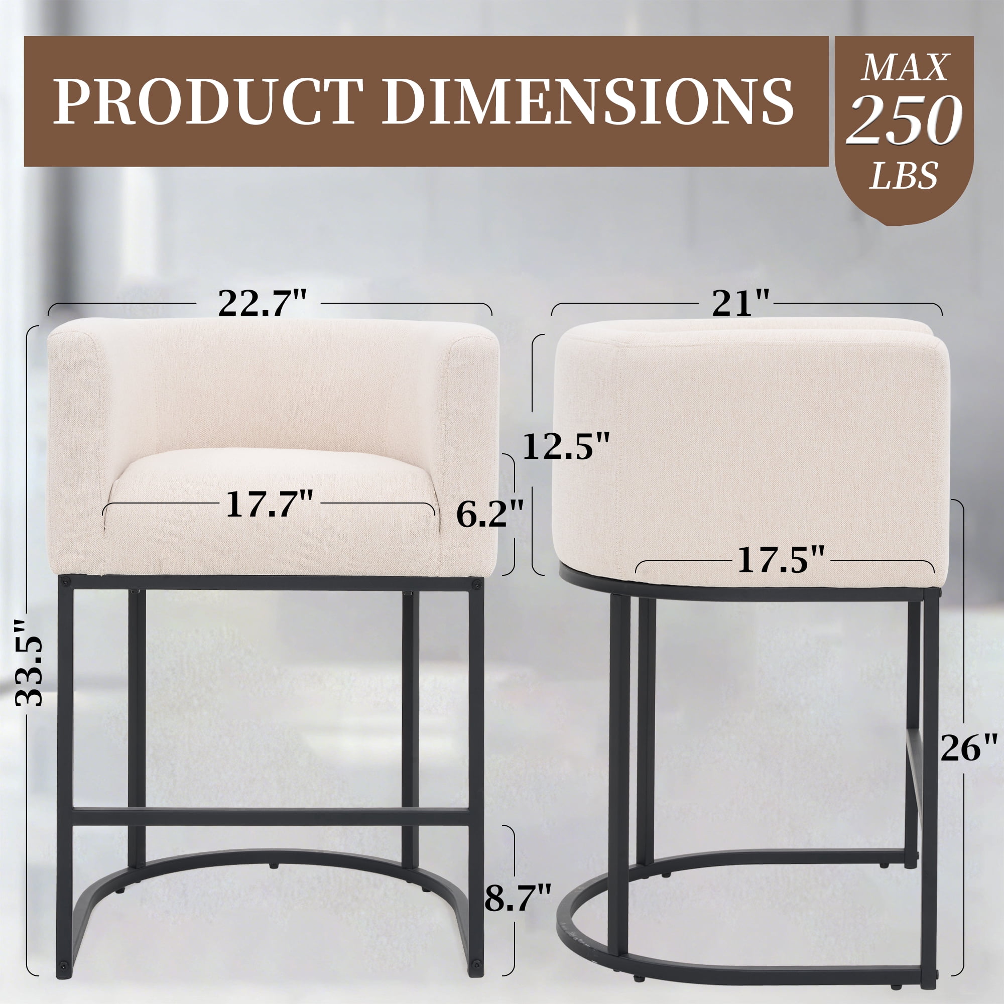 ClinQ Counter Height Bar Stool Set of 3, 26 in Fabric Upholstered Seat, Metal Legs for Indoor Dining Room and Kitchen Island, Beige