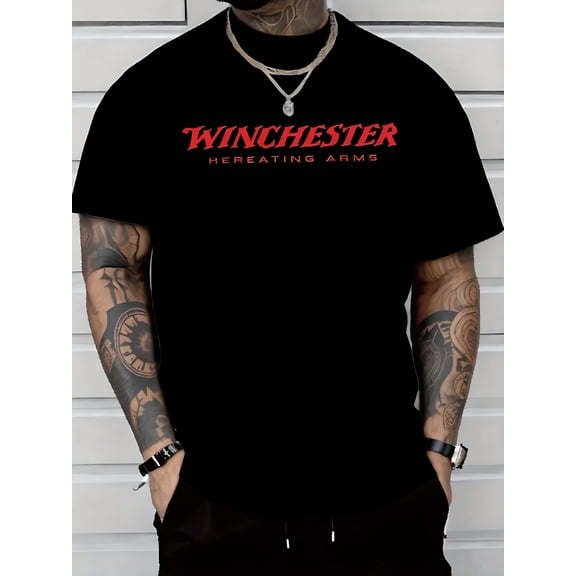 180g Pure Cotton Mens Casual Fashion Short Sleeve T Shirt with Winchester Repeating Print Lightweight 180gsm Regular Fit Round Neck Stretchy Summer Tee for Casual Attire Gifts Everyday