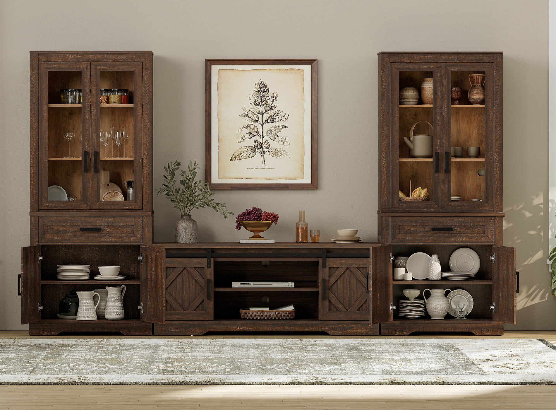 WAMPAT Farmhouse Entertainment Center with Bookshelf for TVs up to 65",Mid Century Modern TV Stand with 73"H Tall 5-Tier Bookcase with Open Storage and Barn Doors for Living Room,Espresso