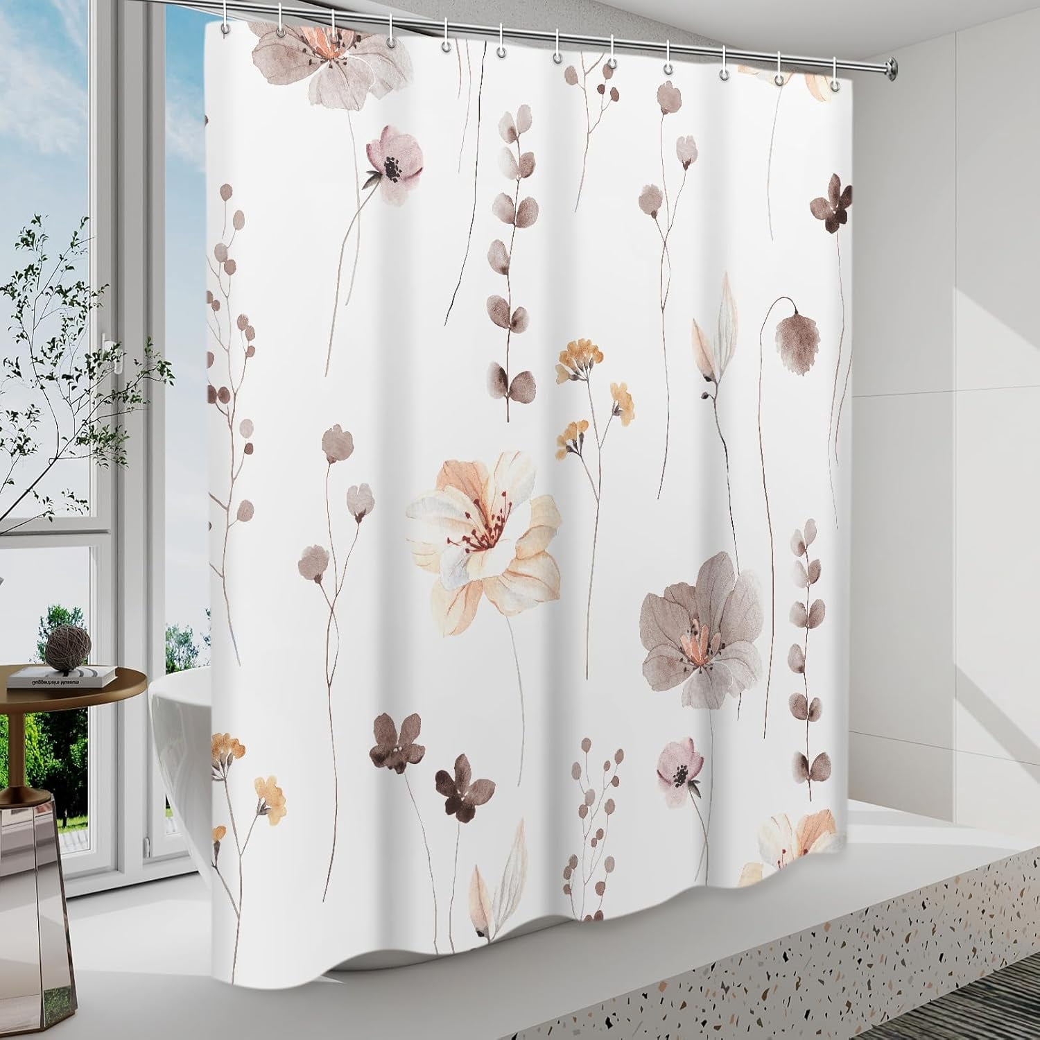 Shower Curtain Watercolor Flower Shower Curtain Sets - Spring Brown Floral plant Shower Curtains for Bathroom Washable，Fabric Modern Polyester with Hooks，72 x 72