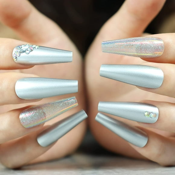 Extra Long Coffin Press on Nails Matte Ombre Rhinestone Fake Nails with 3D Clear Bling Bow Design 30Pcs Glitter Acrylic Ballerina False Nail Tips for Women and Girls (Silver)
