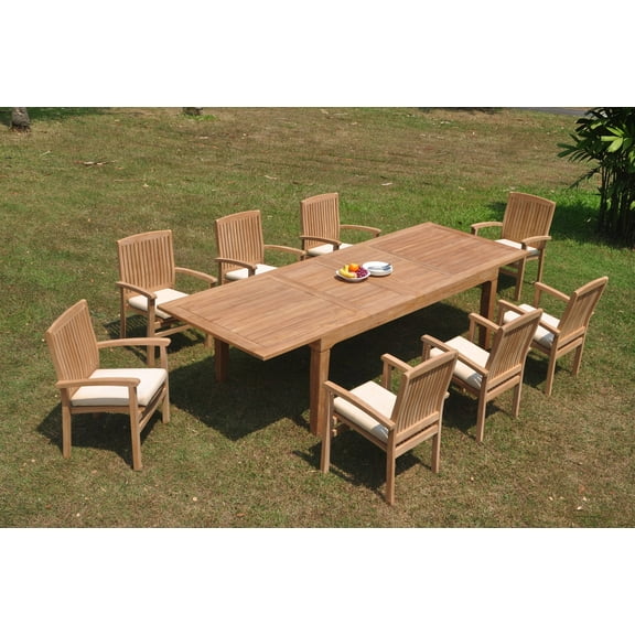Grade-A Teak Dining Set: 8 Seater 9 Pc: 122" Caranas Double Extension Rectangle Table And 8 Wave Stacking Arm Chairs Outdoor WholesaleTeak #WMDSWVm