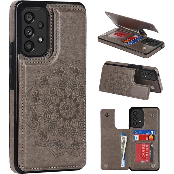 Case for Samsung Galaxy A53 5G, Luxury PU Leather Flip Case [Two Magnetic Clasp] [Card Slots] Stand Function Embossed Flower Pattern Durable Soft TPU Back Wallet Cover - Grey