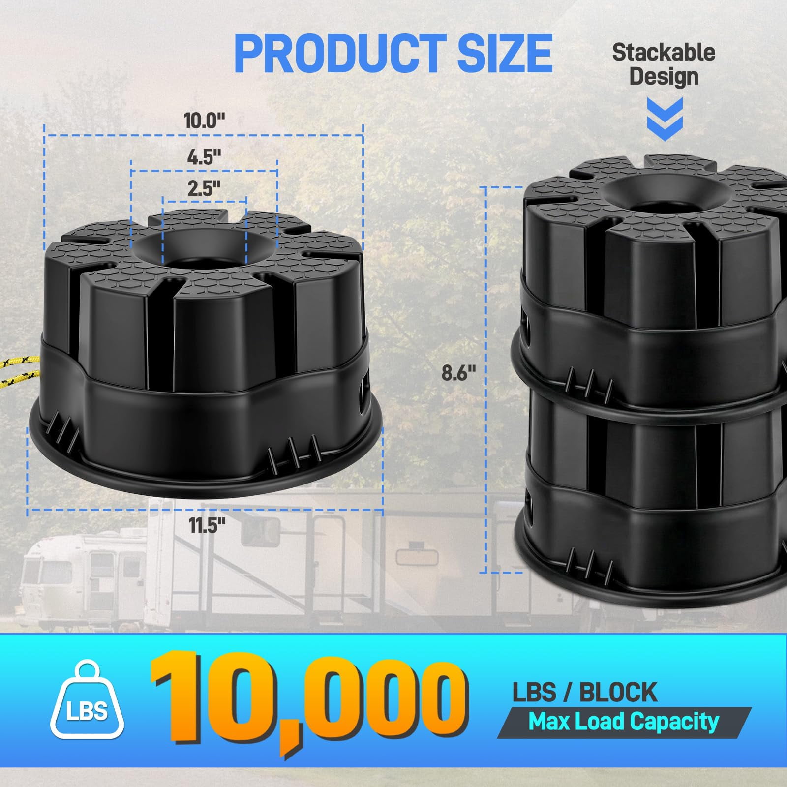 4-Pack Trailer Jack Block, 10000 lbs Load Capacity, RV Stabilizer Blocks for Tongue Jack, Post, Foot, and 5th Wheel – Durable and Versatile RV Camping Accessories