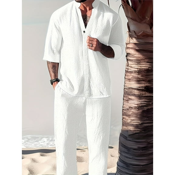 Men's Linen 2 Piece Outfit Long Sleeve Button Down Shirt with Elastic Waist Drawstring Lounge Pants Set White XL