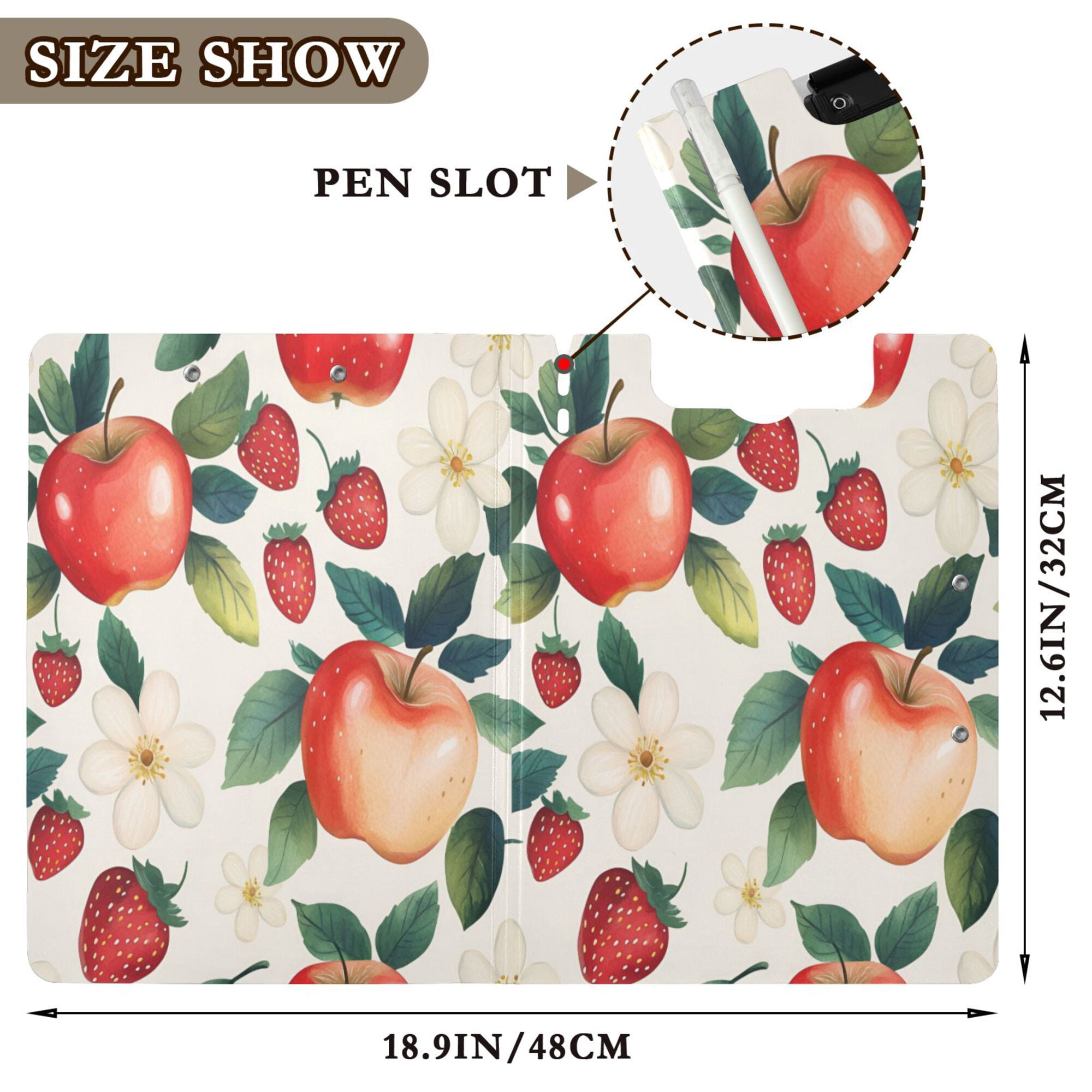 FORMRS A4 Clipboard Folder with Pen Holder Horizontal Foldable School Office Binder, Strawberry Pattern