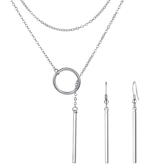 Silvora Silver Lariat Necklaces Earrings Set for Women Drop Bar Pendant Y-Necklaces Adjustable Long Chain with Vertical Bar Earrings Elegant Jewelry Gifts for Granddaughter Sister Christmas