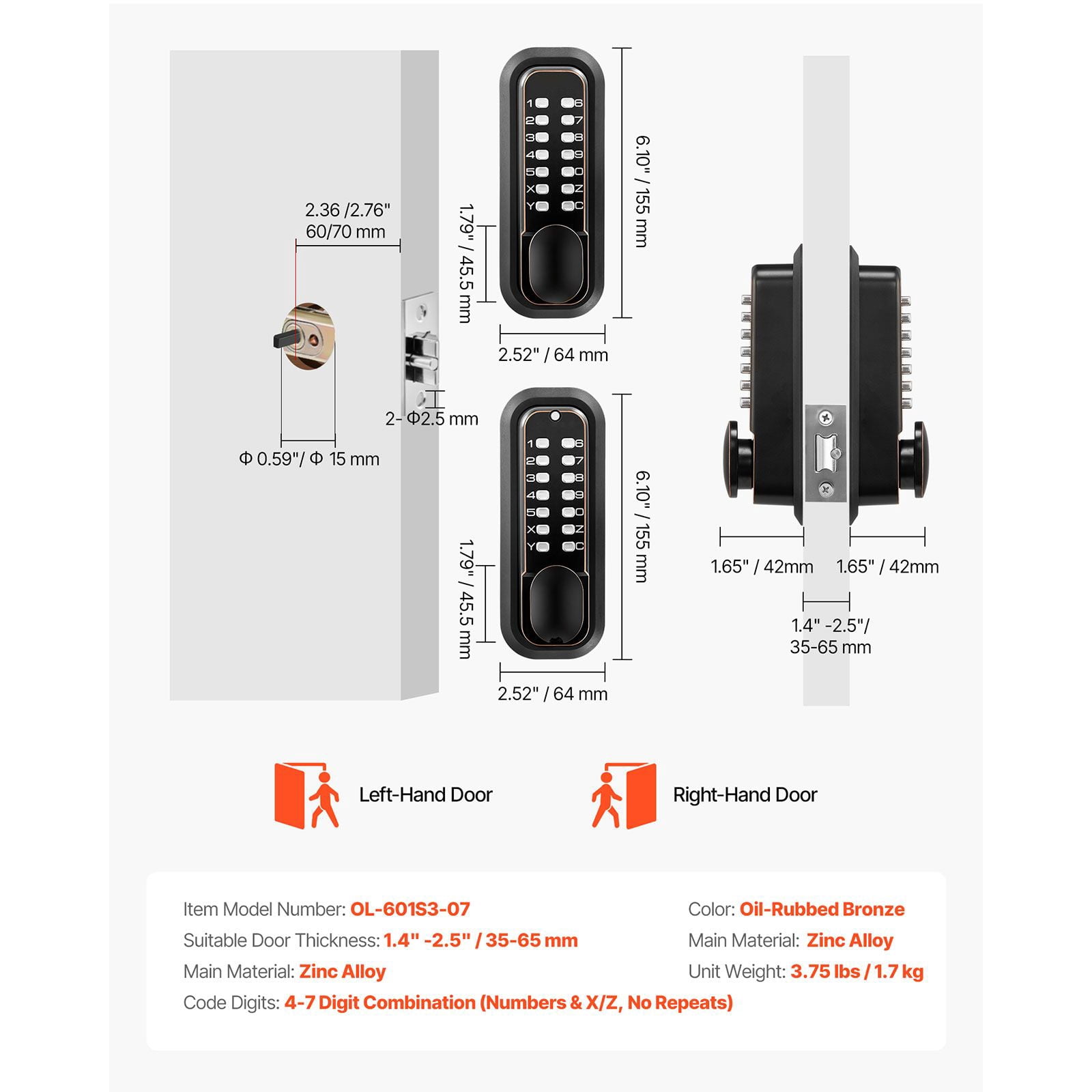 Mechanical Keyless Door Lock Gen2 Double-Sided 4-7 Digit Code No Batteries 1.4-2.5 Inch Door Thickness for Front Gate