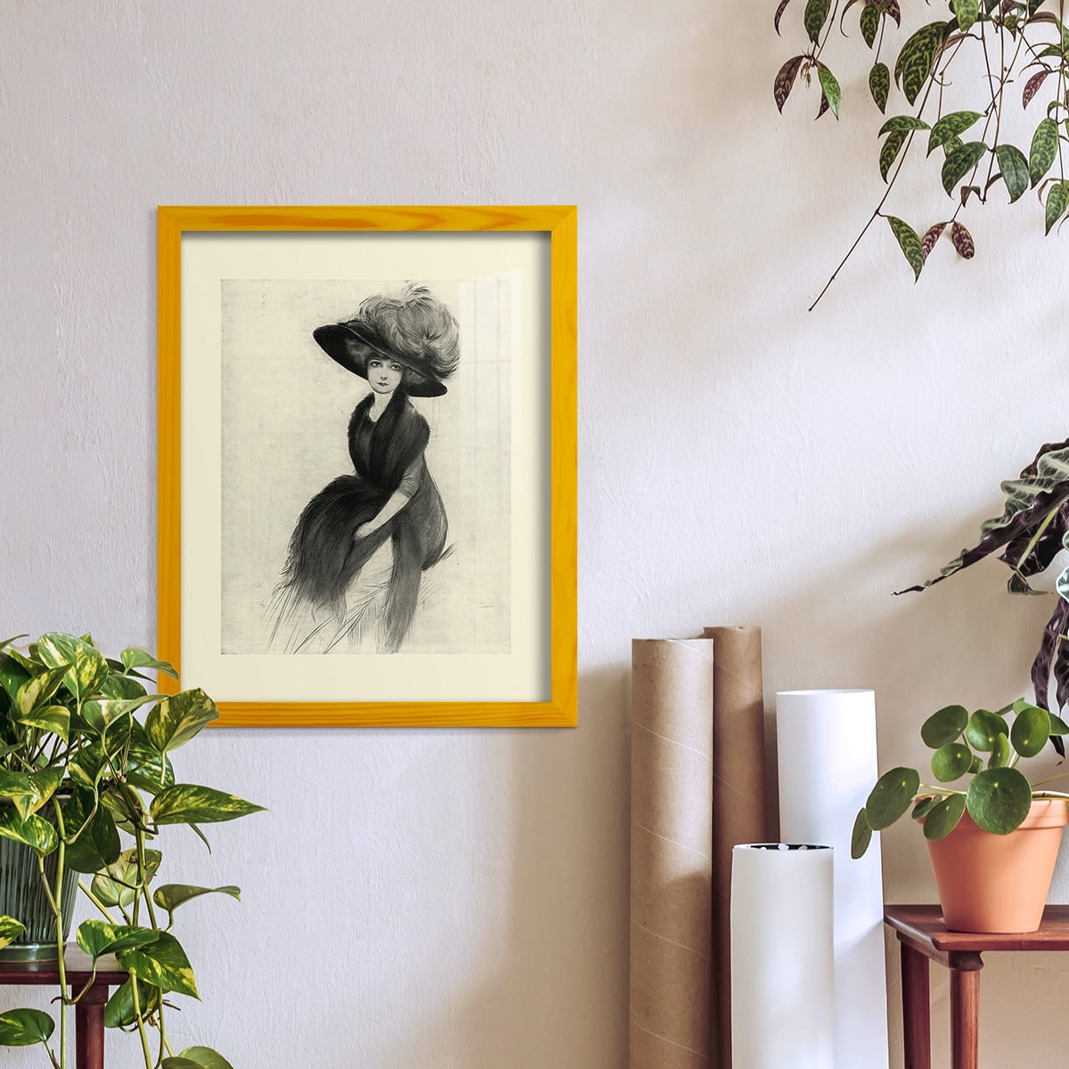 Feather Hat II -Framed Print w/glass-Sunflower Yellow