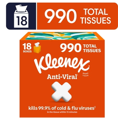 Kleenex Anti-Viral Facial Tissues, 18 Cube Boxes, 55 Tissues per Box, 3-Ply