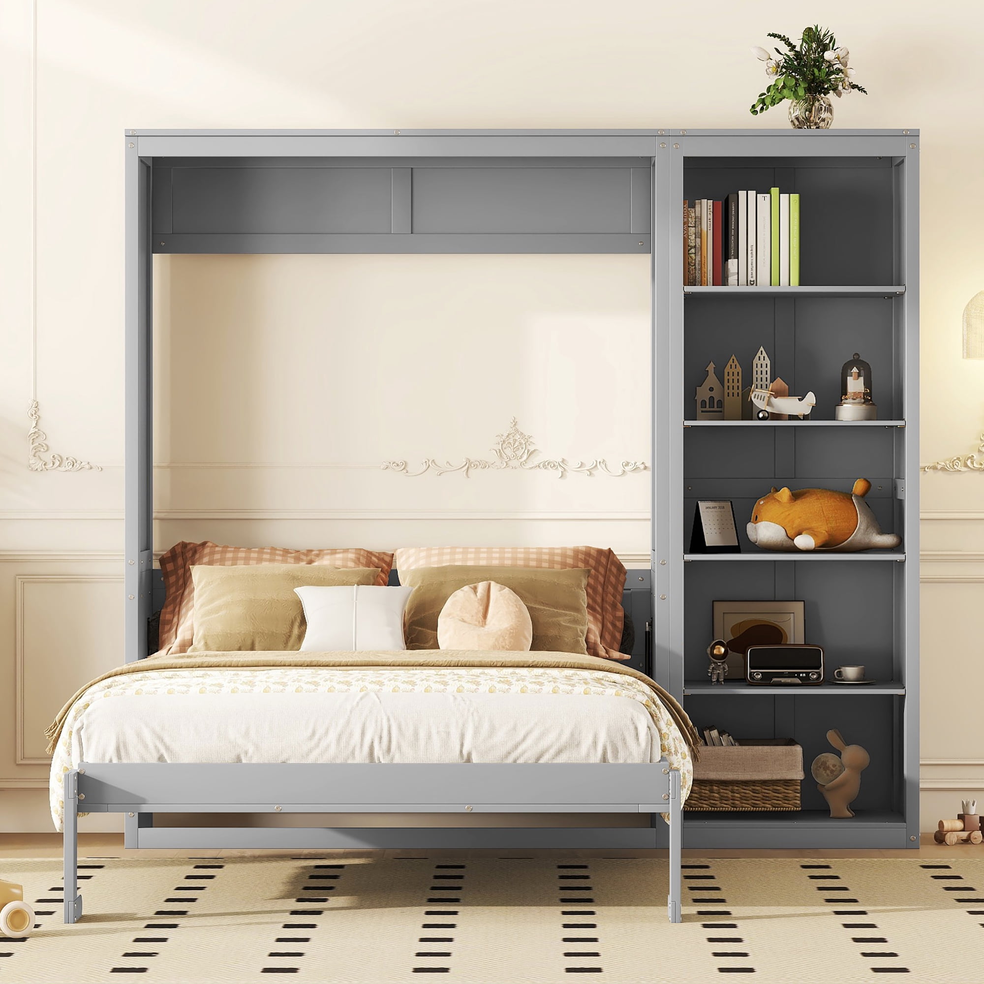 Aukfa Queen Murphy Bed, Wood Cabinet Bed Frame with Adujstable Shelves, Foldable Platform Wall Bed Frame for Guest-Room, Home, Office, Gray
