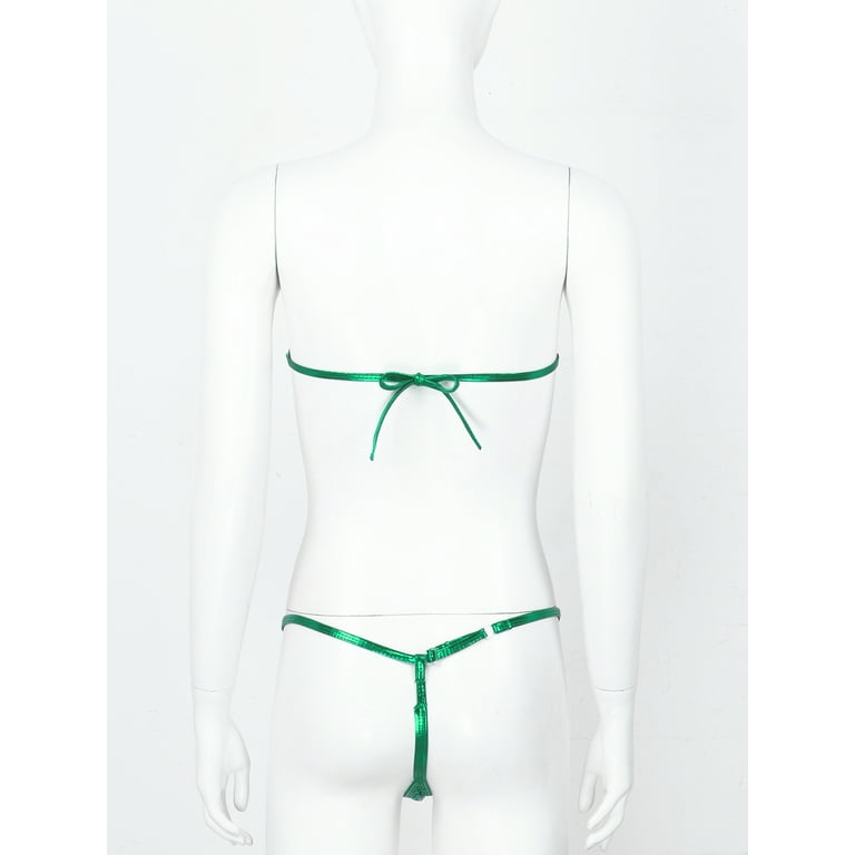 Womens Shiny Metallic Swimsuit Micro Mini Bikini Swimwear Set Strapless Tie  Back Mini Bikinis Bra Top