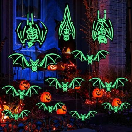 Ayieyill Halloween Hanging Bats Decorations Outdoor, 12pcs 3D Glowing Hanging Flying Bat for Hanging in The Tree, Porch, Yard, Lawn