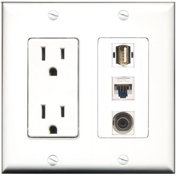 RiteAV - 15 Amp Power Outlet 1 Port USB A-A 1 Port 3.5mm 1 Port Cat5e Ethernet White Decorative Wall Plate