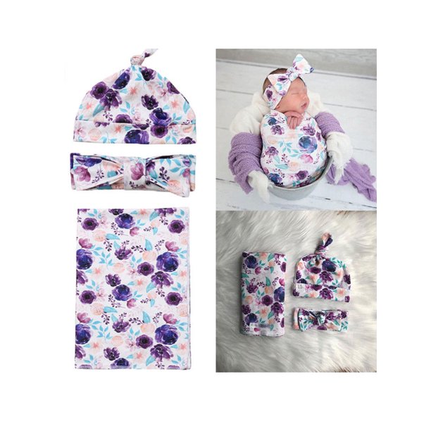 FOCUSNORM Newborn Baby Floral Swaddle Blanket Headband Soft Blankets Purple