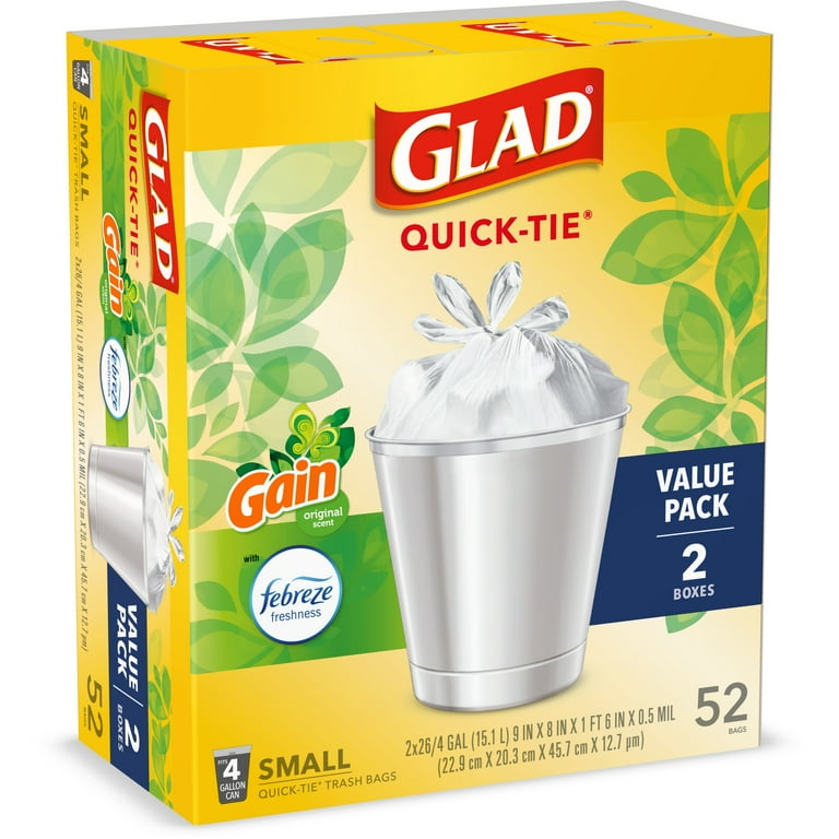 Glad Small Trash Bags, 4 Gallon, 52 Bags (OdorShield, Quick Tie, Gain Original)