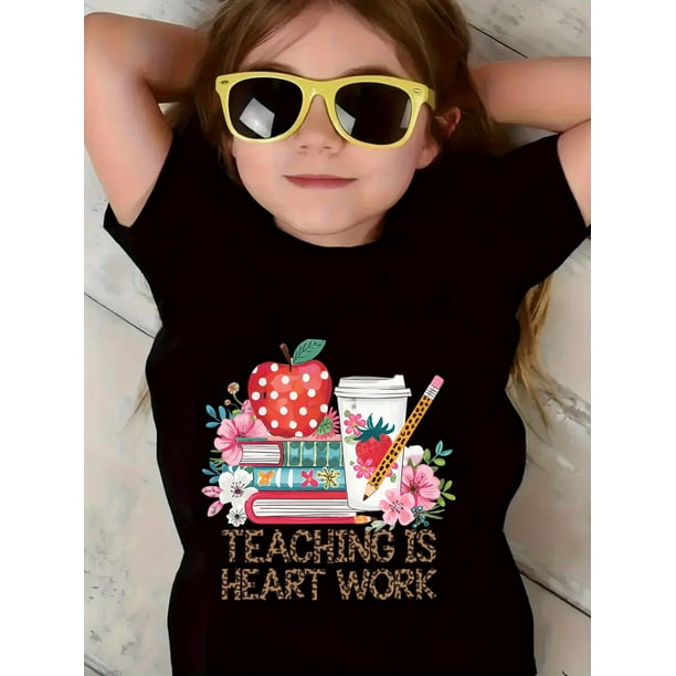 Girls' School-Themed T-Shirt - Pastel Pink Teaching is Heart Work Graphic Tee, Soft Stretchy Cotton Top- Back to School outfits - Machine Washable, Comfortable Fit, Cute Kids Shirt, Breathable Fabric