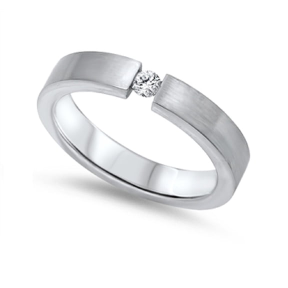 Cubic Zirconia Tension Set Classic Band Ring Stainless Steel