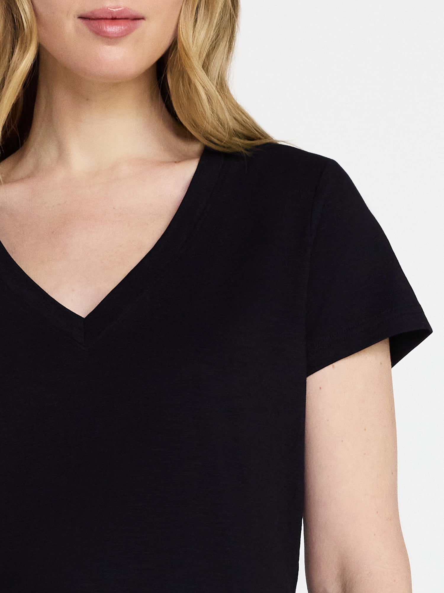 Time and Tru Women's Slub V Neck Tee with Short Sleeves, Sizes XS-XXXL