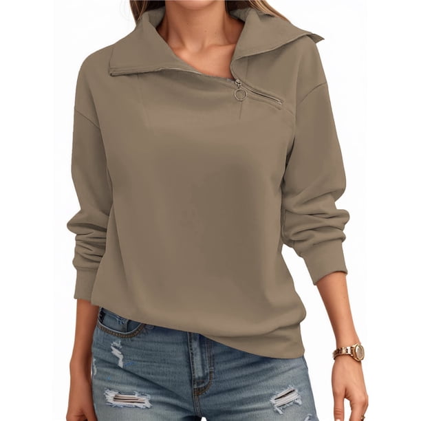 Sudadera con Cremallera para Mujer, Cuello Alto, Larga, Informal, Holgada, Tops Caqui M