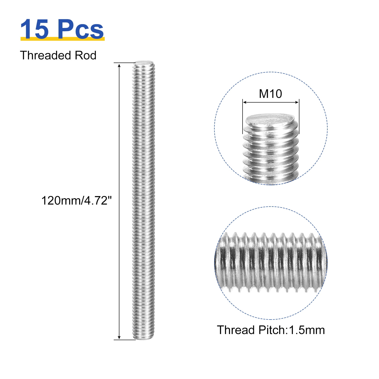 Uxcell 15Pack M10 x 120mm Fully Threaded Rod Right Hand Threads,1.5 Thread Pitch