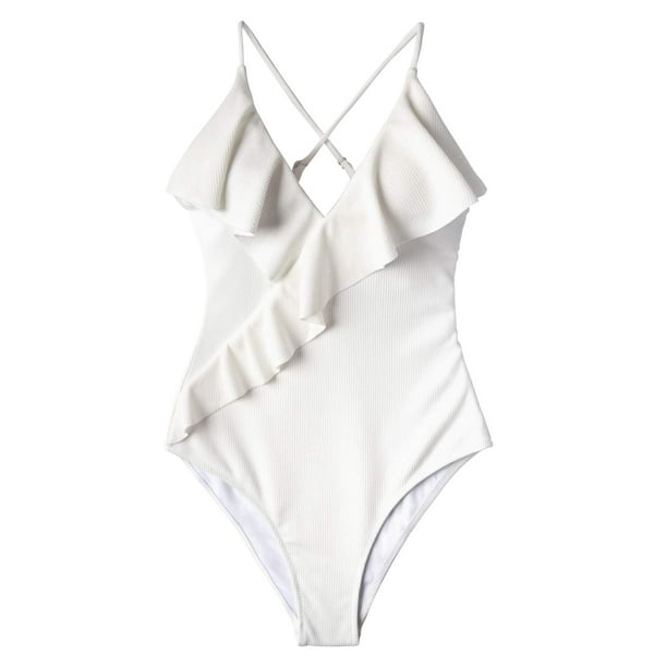 Cupshe Women's White Ruffled One Piece Swimsuit Plunging Neckline ...