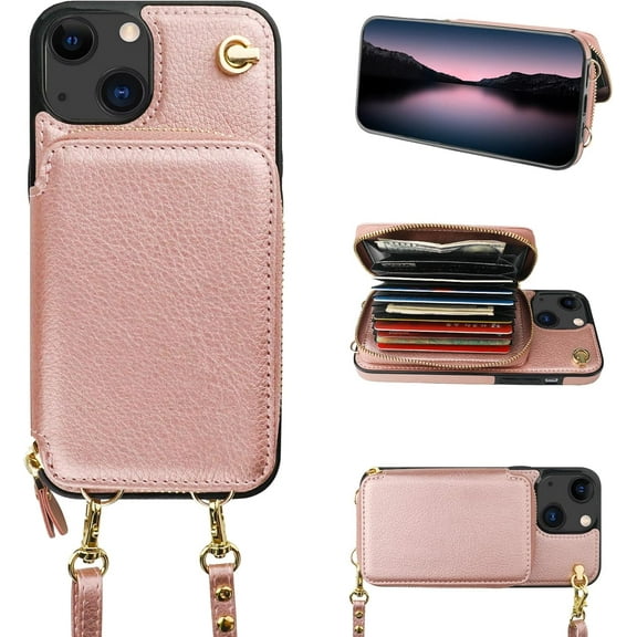 Crossbody Wallet Case for iPhone 13, RFID Blocking Leather Purse Case with Card Holder, Protective Handbag Flip Cover with Zipper Wrist Strap Lanyard for Women 5G 6.1 Inch (Rose Gold)