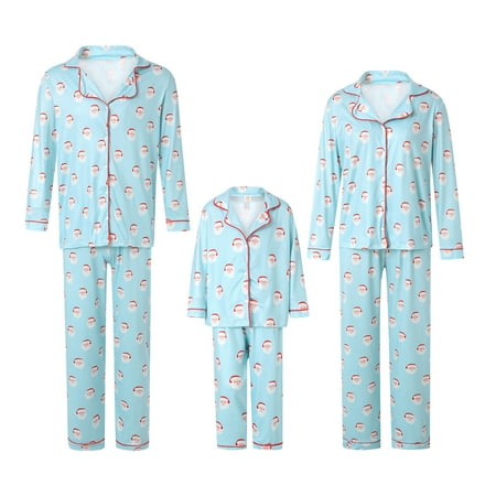 

ESASSALY Family Matching Christmas Pajamas Mom Dad Kid Xmas Santa Claus Blue Shirts Sleepwear PJs