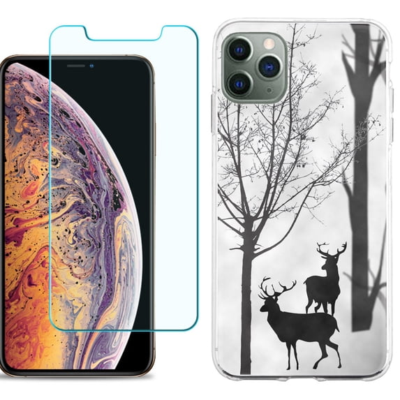 For Apple iPhone 11 Pro Max Phone Case , Slim-Fit TPU Case with Tempered Glass Screen Protector, by OneToughShield ® - Forest Deer