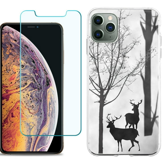 For Apple iPhone 11 Pro Max Phone Case , Slim-Fit TPU Case with Tempered Glass Screen Protector, by OneToughShield ® - Forest Deer